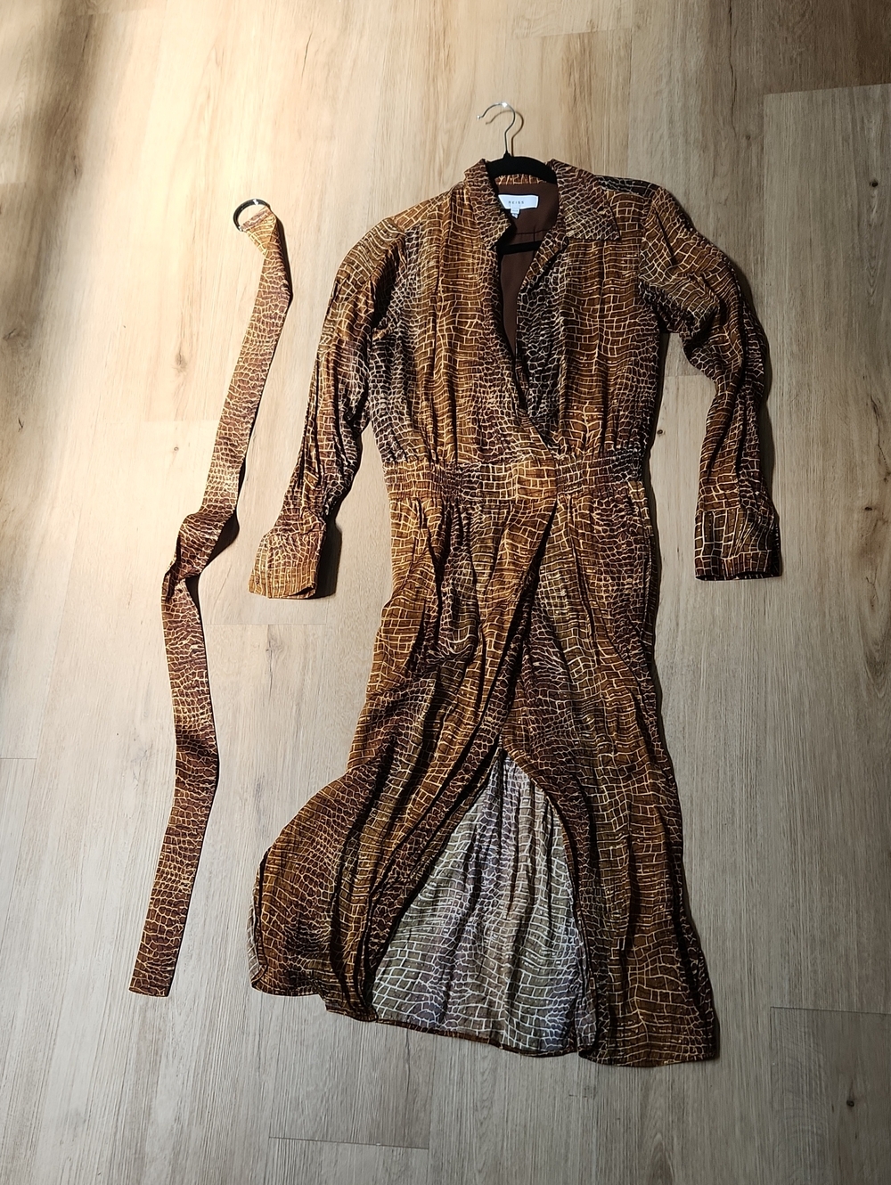 Reiss Brown Croc-Print Long Sleeve Wrap Dress with Belt